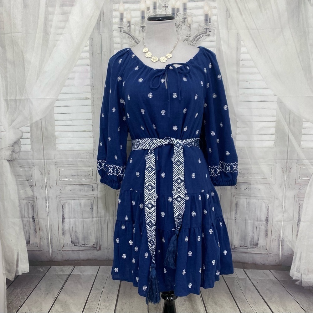 NEW A Loves A Size Medium Navy Blue Embroidered Dress Sash Belt Pullover Ruffle